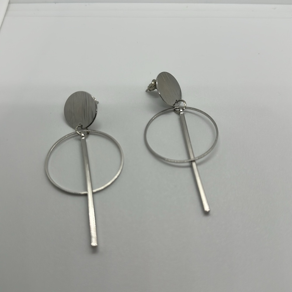 New! Modern Geometric Silver Dangle Earrings - Circle Bar Statement Jewelry — image 3 of 8